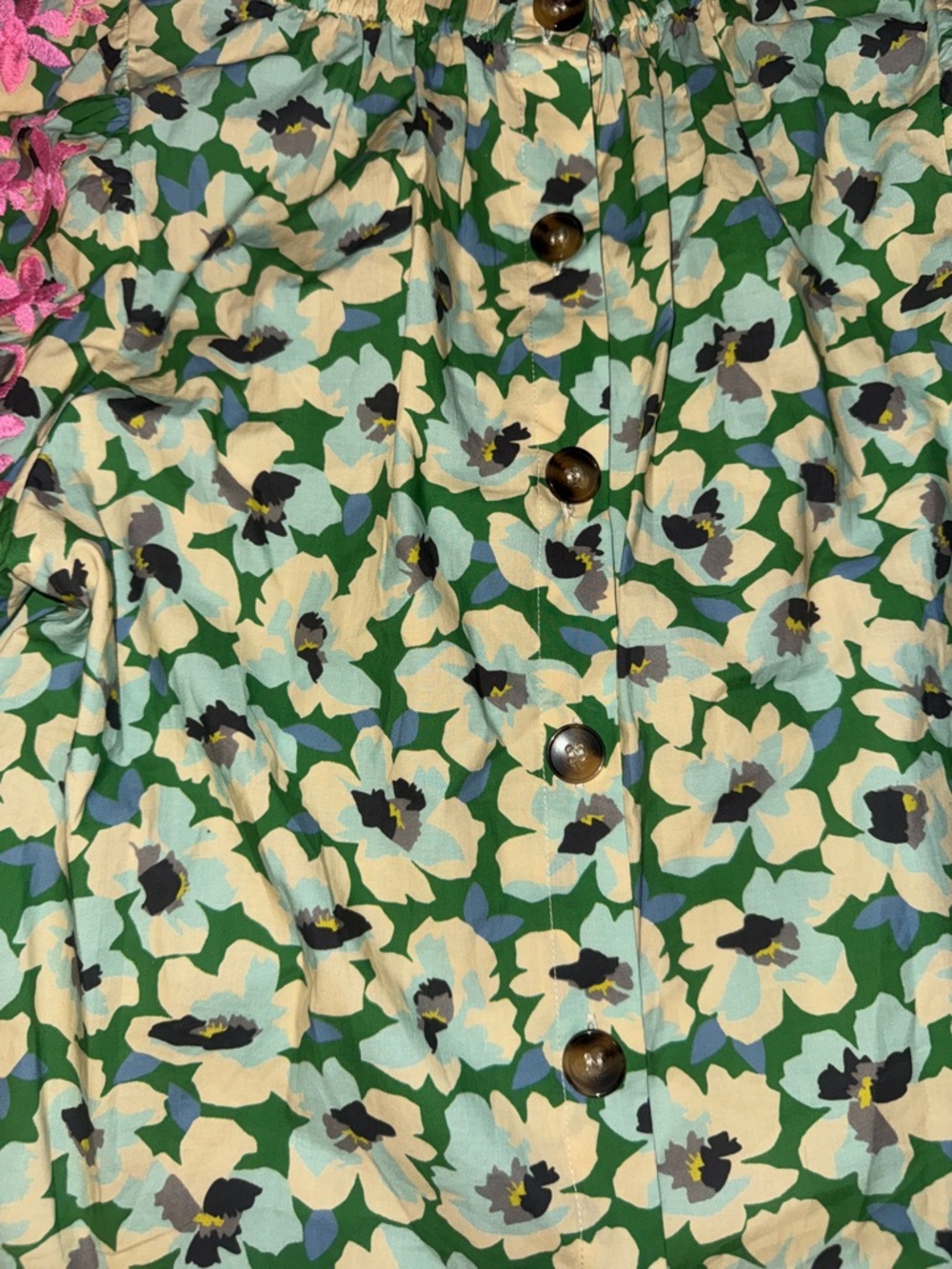 THML Green Floral Blouse with Pink Embroidered Puff Sleeves - Picture 4 of 5